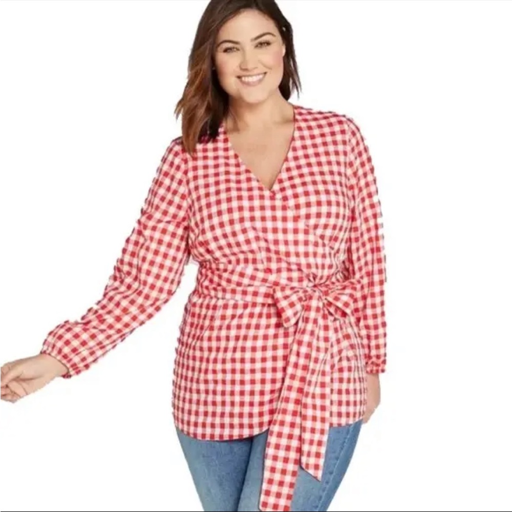 Lane Bryant Red & White Gingham Wrap Top NWT